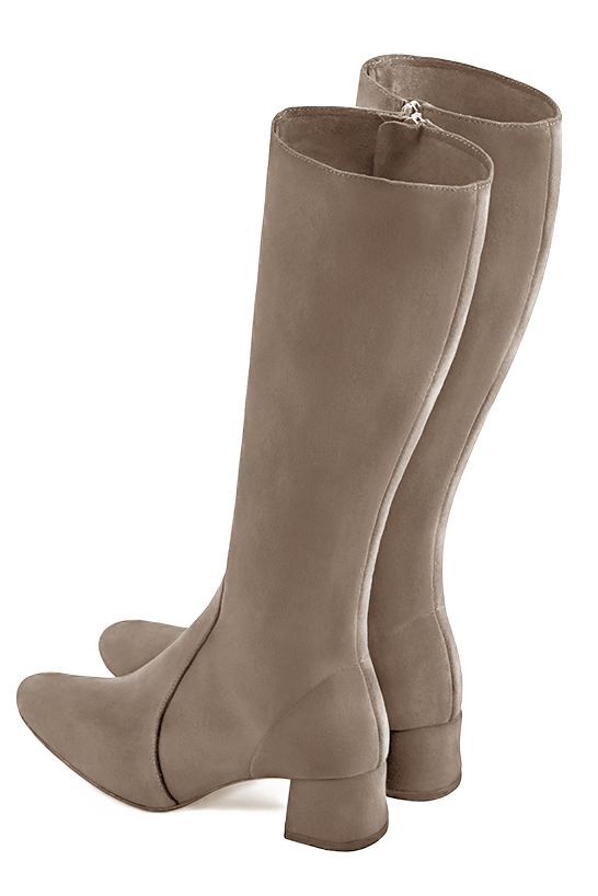 Tan beige women's feminine knee-high boots. Round toe. Low flare heels. Made to measure. Top view - Florence KOOIJMAN